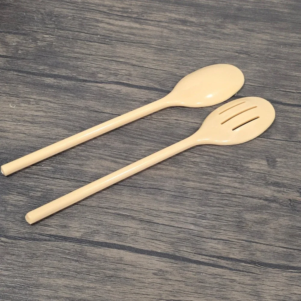 Vintage Tan Melamine‎ Serving Spoon Set Slotted and Solid Long Handle Beige 2pc